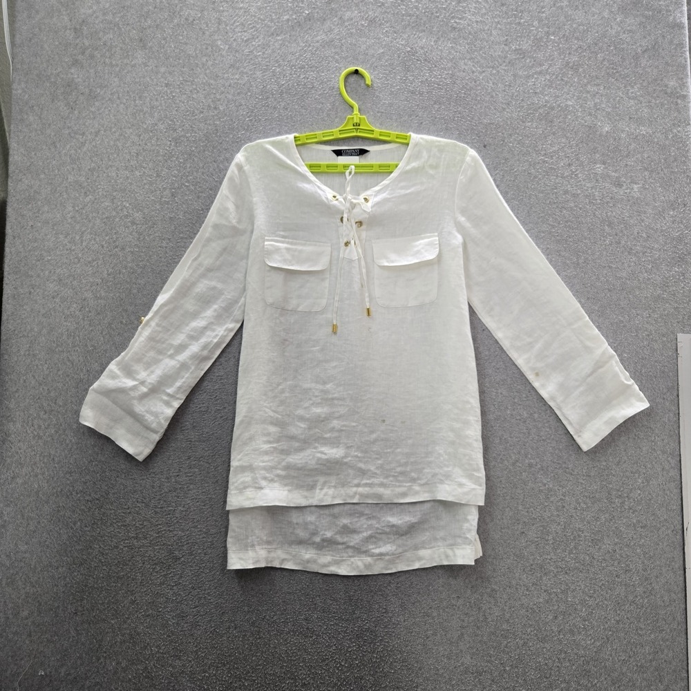 Ellen Tracy Women Blouse S White Linen Button V-Neck Tie READ